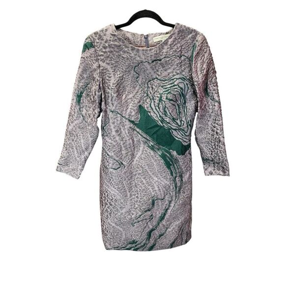 Carolina Herrera Textured Metallic Brocade Mini Dress Gray Green Floral Sz 6 - Picture 1 of 16
